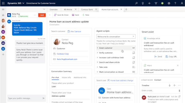 Dynamics customer service page with AI panels