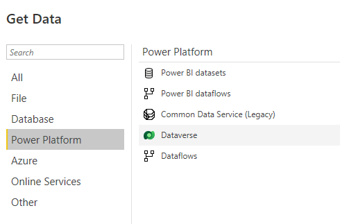 Get Data panel in PowerBI