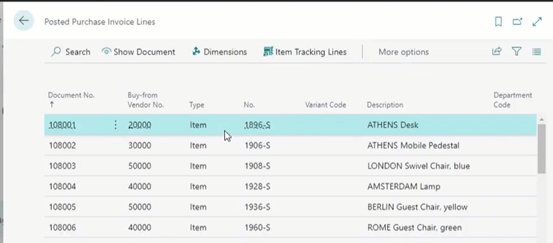 Posted purchase invoice lines page