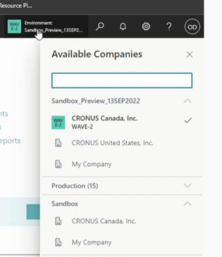 Switch companies in Business Central