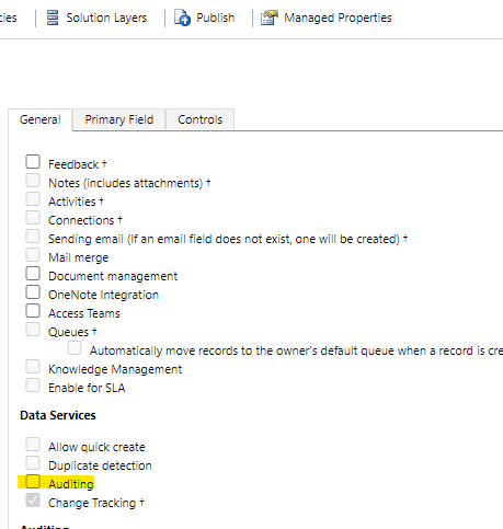 Table properties showing the Auditing checkbox in the Data Services section