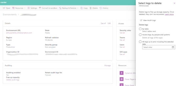 Power Platform admin > delete audit logs