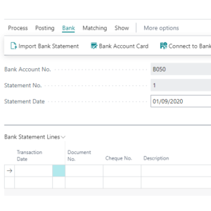 Business Central bank statement upload area