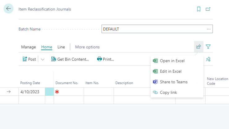 Edit in Excel available on item journals and warehouse worksheets