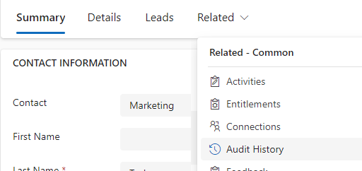 audit history tab in Dynamics record
