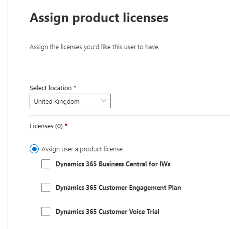 Assign product licence screen in Microsoft 365