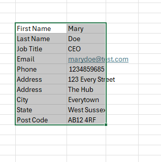 Data in Excel